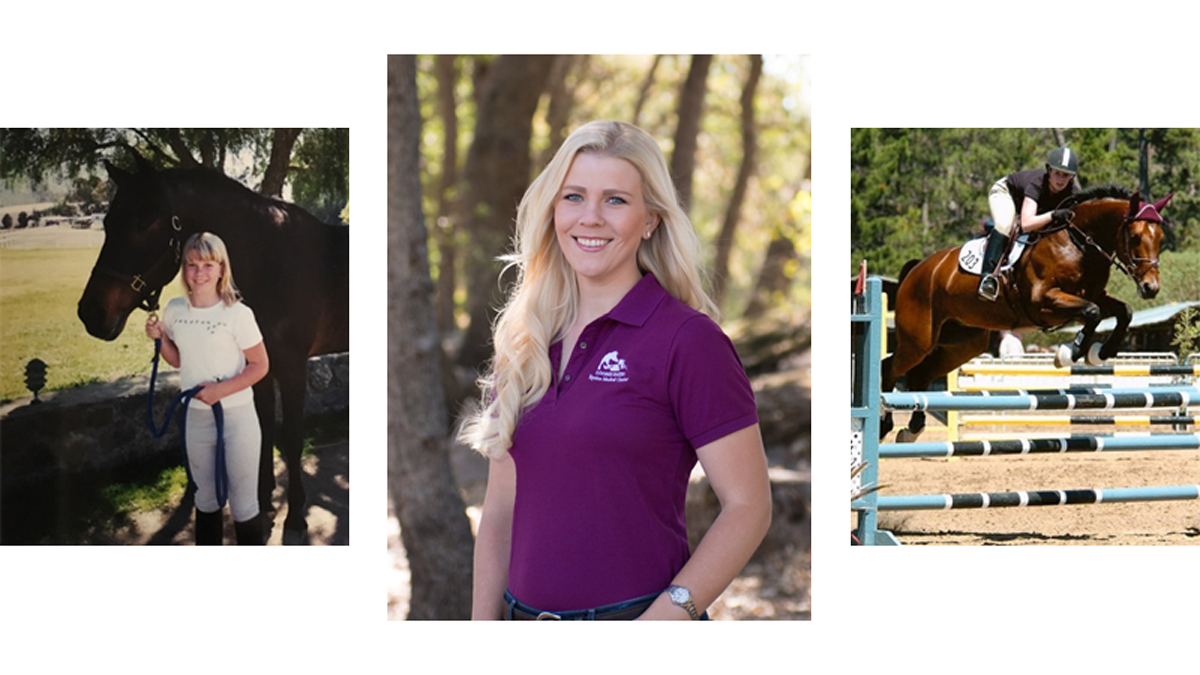Dr. Kayla Ross, with photos of her childhood with horses and show jumping.